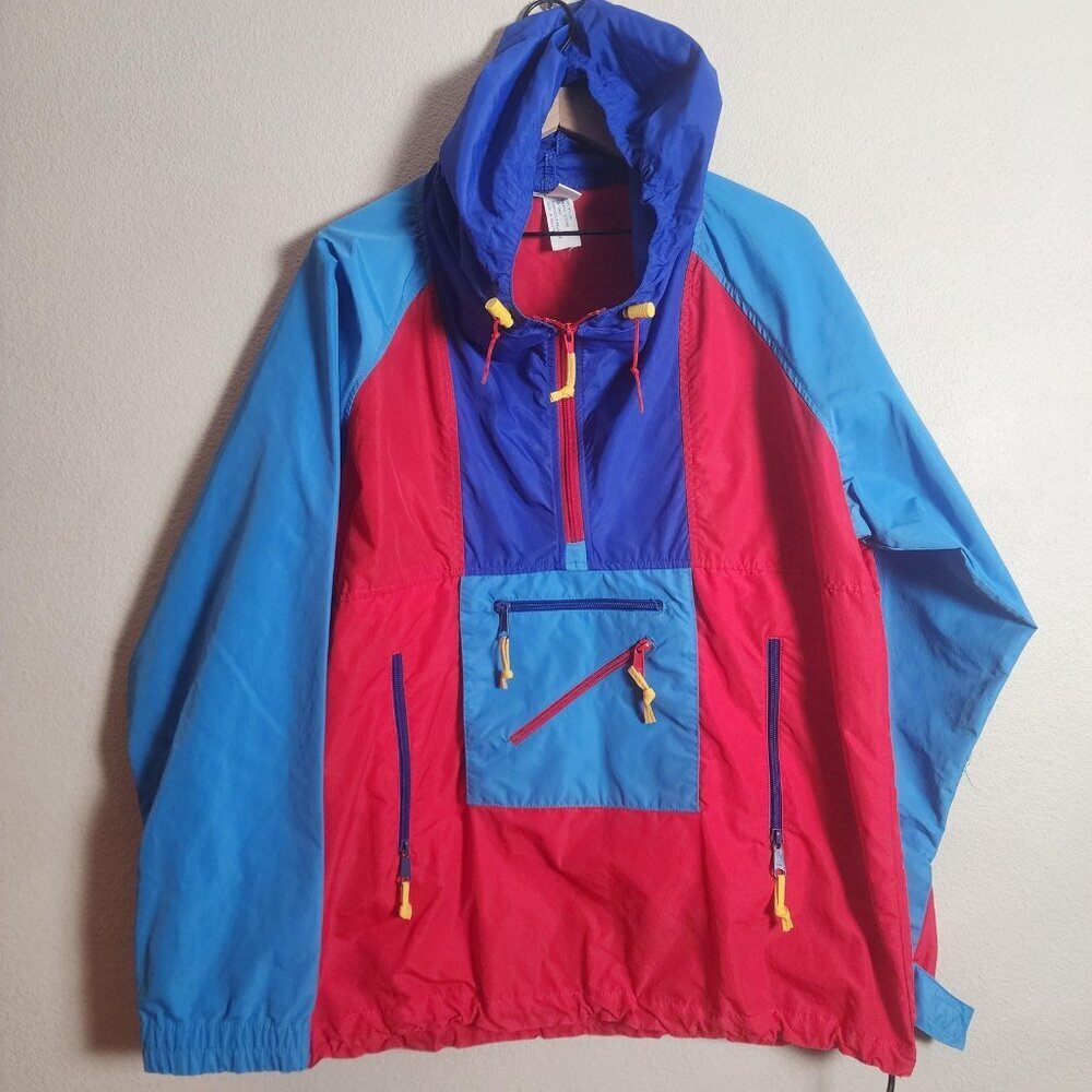 Sierra Designs Anorak Jacket Mens Large Red Blue Colorblock Pullover Nylon